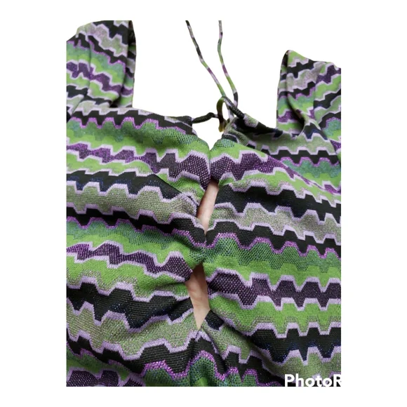 NWT Zara Purple Green Metallic Zig Zag Knit Keyhole Retro Mini Dress Size S - Picture 6 of 10